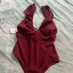 NEW Halara One Piece Bathing Suit with Ruffle - Burgundy - Size L